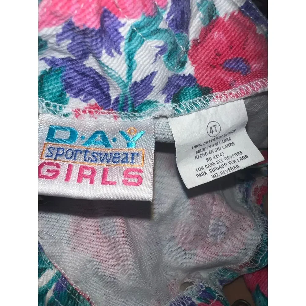 Vintage 80/90s Floral pink purple green denim ruffled shortalls girls size 4T